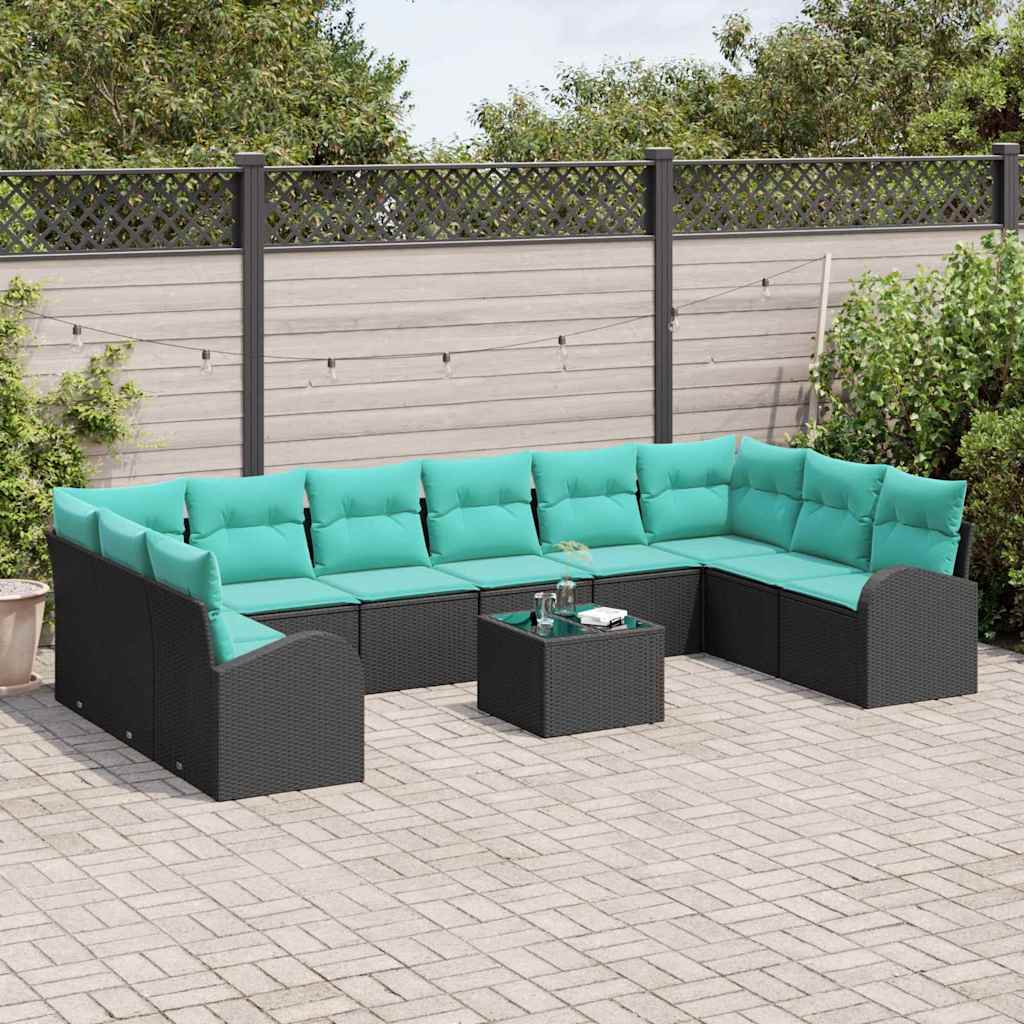 Gartensofa-set mit Kissen 11 pcs Schwarz und Türkis Poly-Rattan