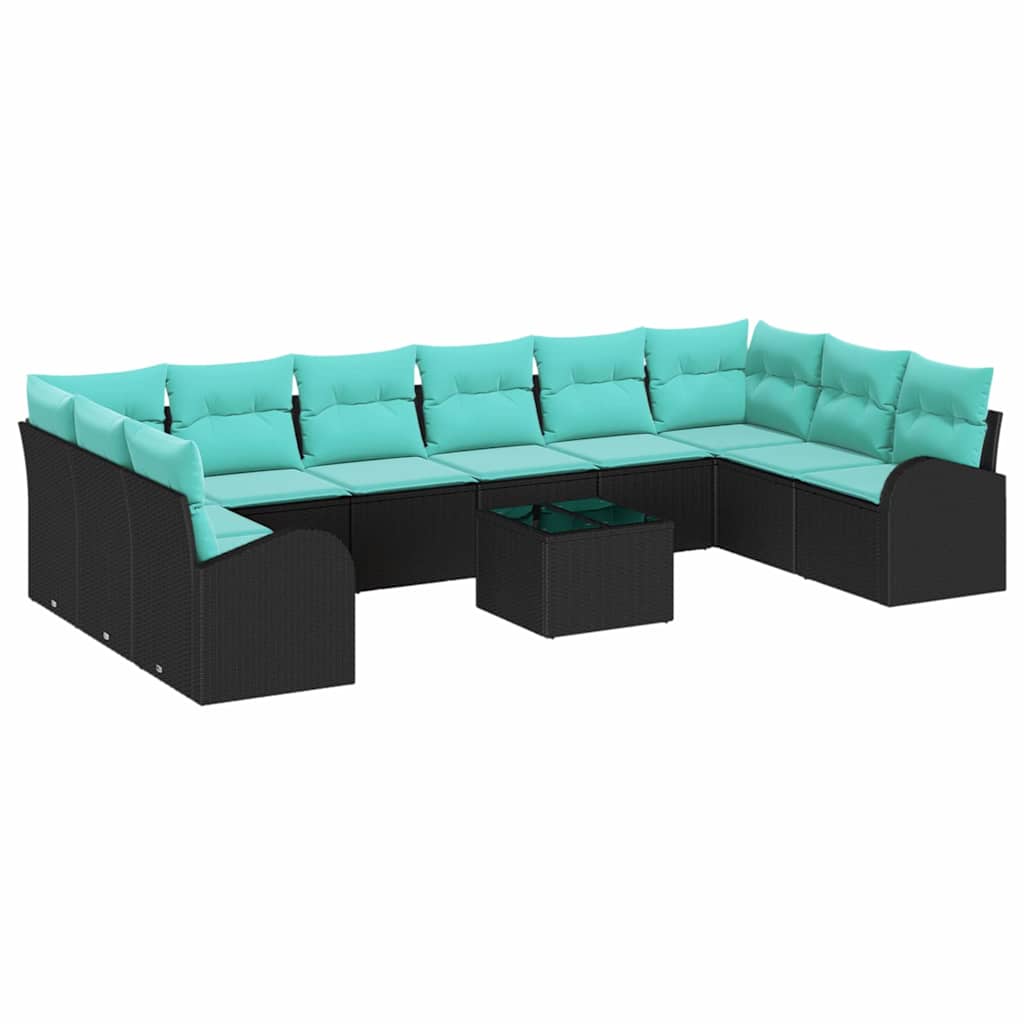 Gartensofa-set mit Kissen 11 pcs Schwarz und Türkis Poly-Rattan
