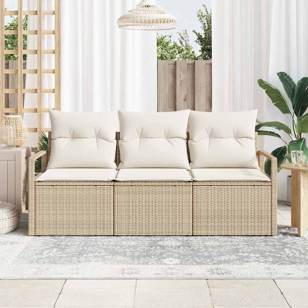 Gartensofa-set mit Kissen 3 pcs Beige und Weiß Poly-Rattan