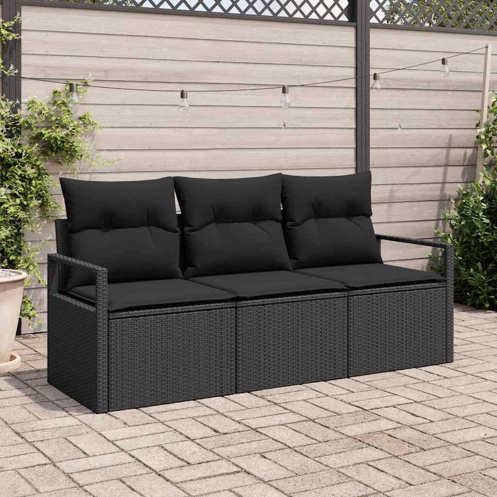 Gartensofa-set mit Kissen 3 pcs Schwarz Poly-Rattan