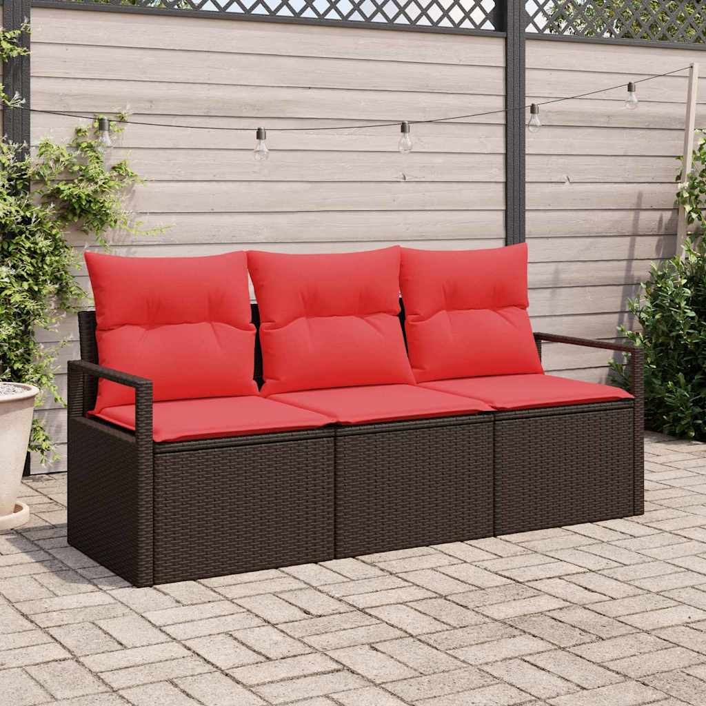 Gartensofa-set mit Kissen 3 pcs Braun und Rot Poly-Rattan