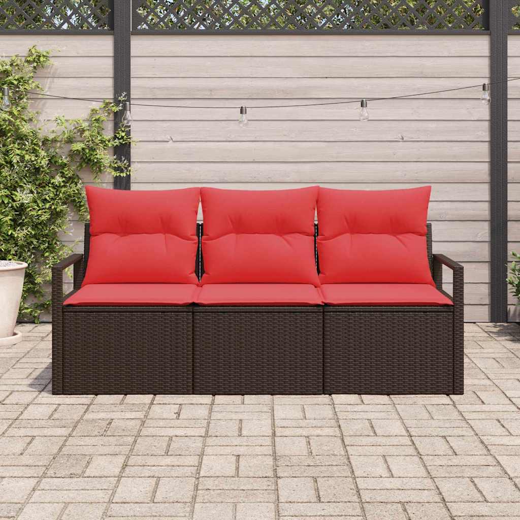 Gartensofa-set mit Kissen 3 pcs Braun und Rot Poly-Rattan