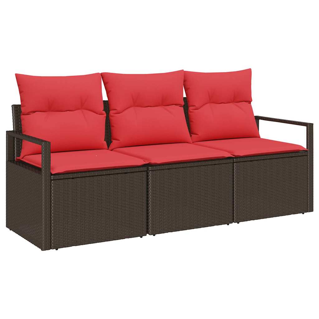 Gartensofa-set mit Kissen 3 pcs Braun und Rot Poly-Rattan
