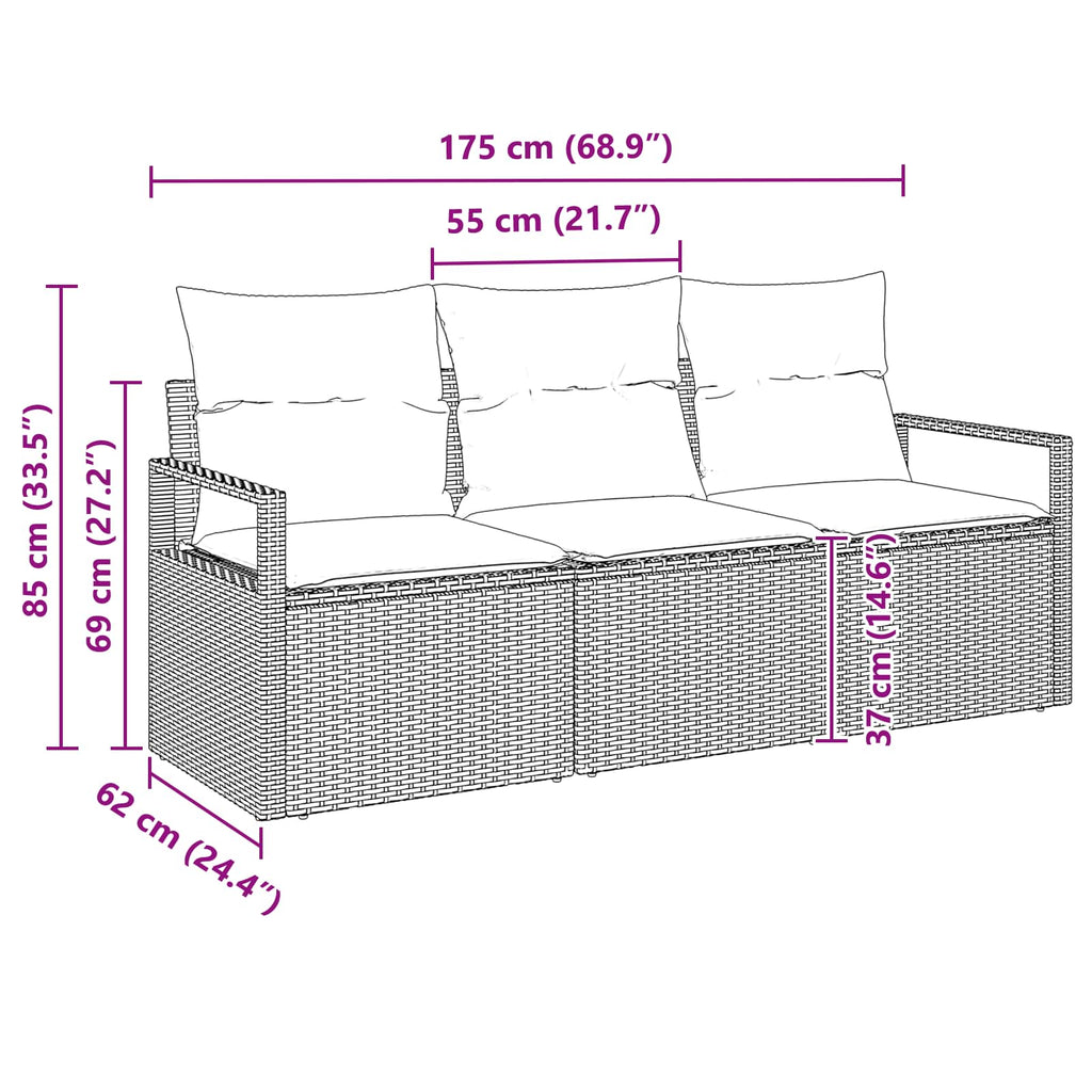 Gartensofa-set mit Kissen 3 pcs Braun und Rot Poly-Rattan