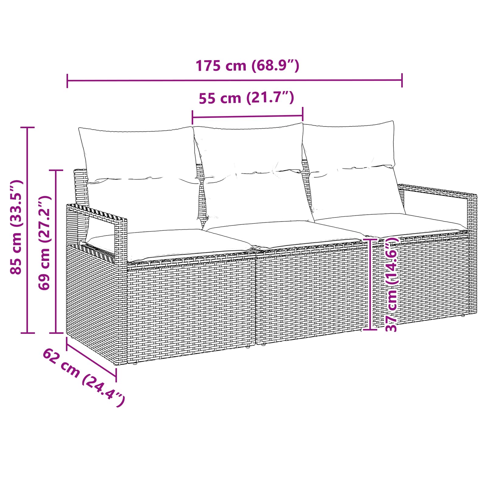 Gartensofa-set mit Kissen 3 pcs Braun und Rot Poly-Rattan