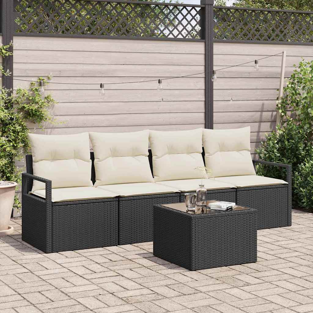 Sofa Set mit Kissen 5 pcs Schwarz und Creme Poly-Rattan