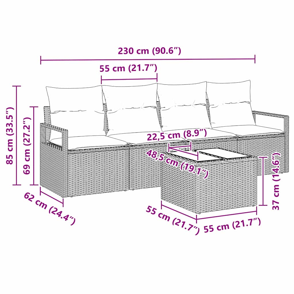 Sofa Set mit Kissen 5 pcs Beige und Creme Poly-Rattan