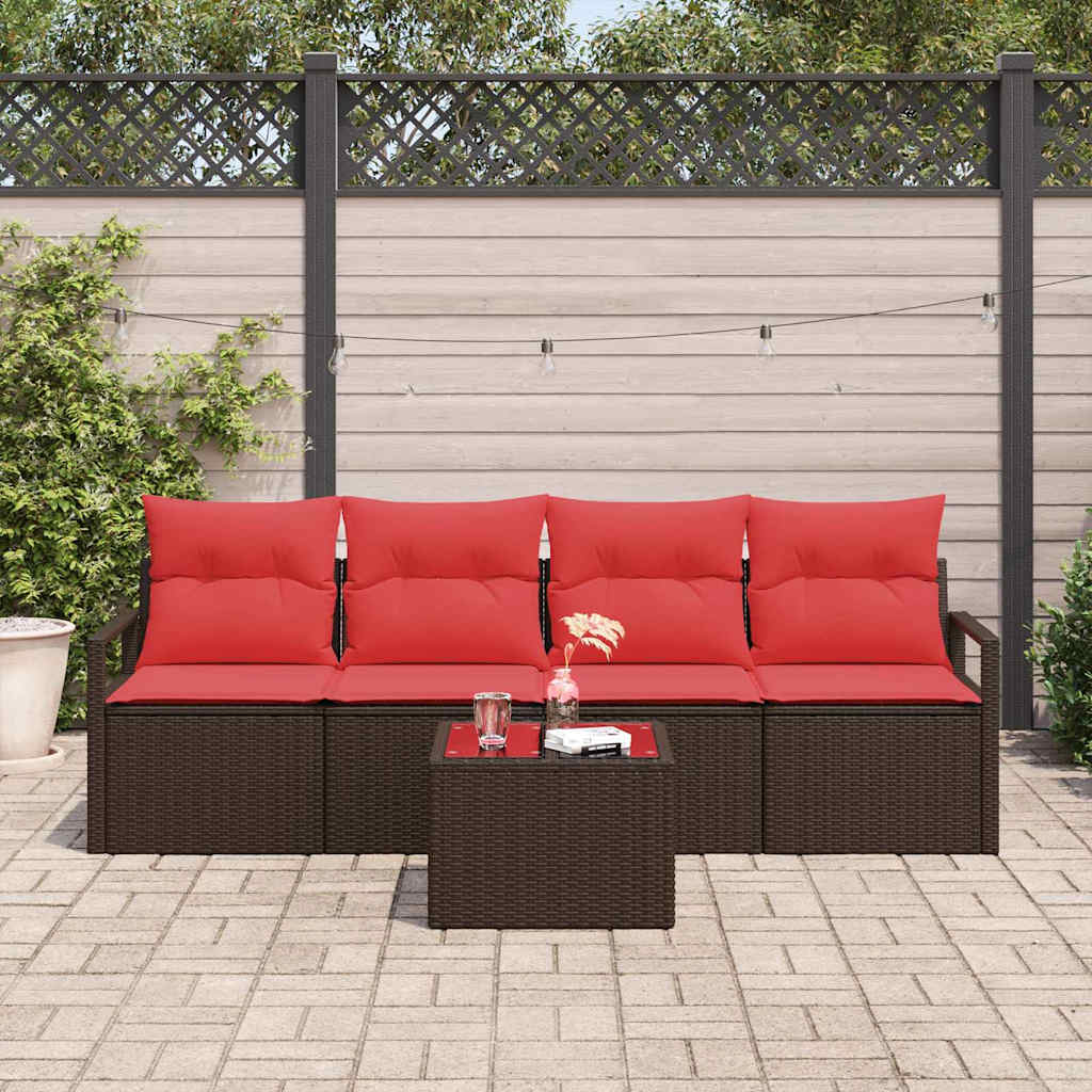Sofa Set mit Kissen 5 pcs Beige und Rot Poly-Rattan