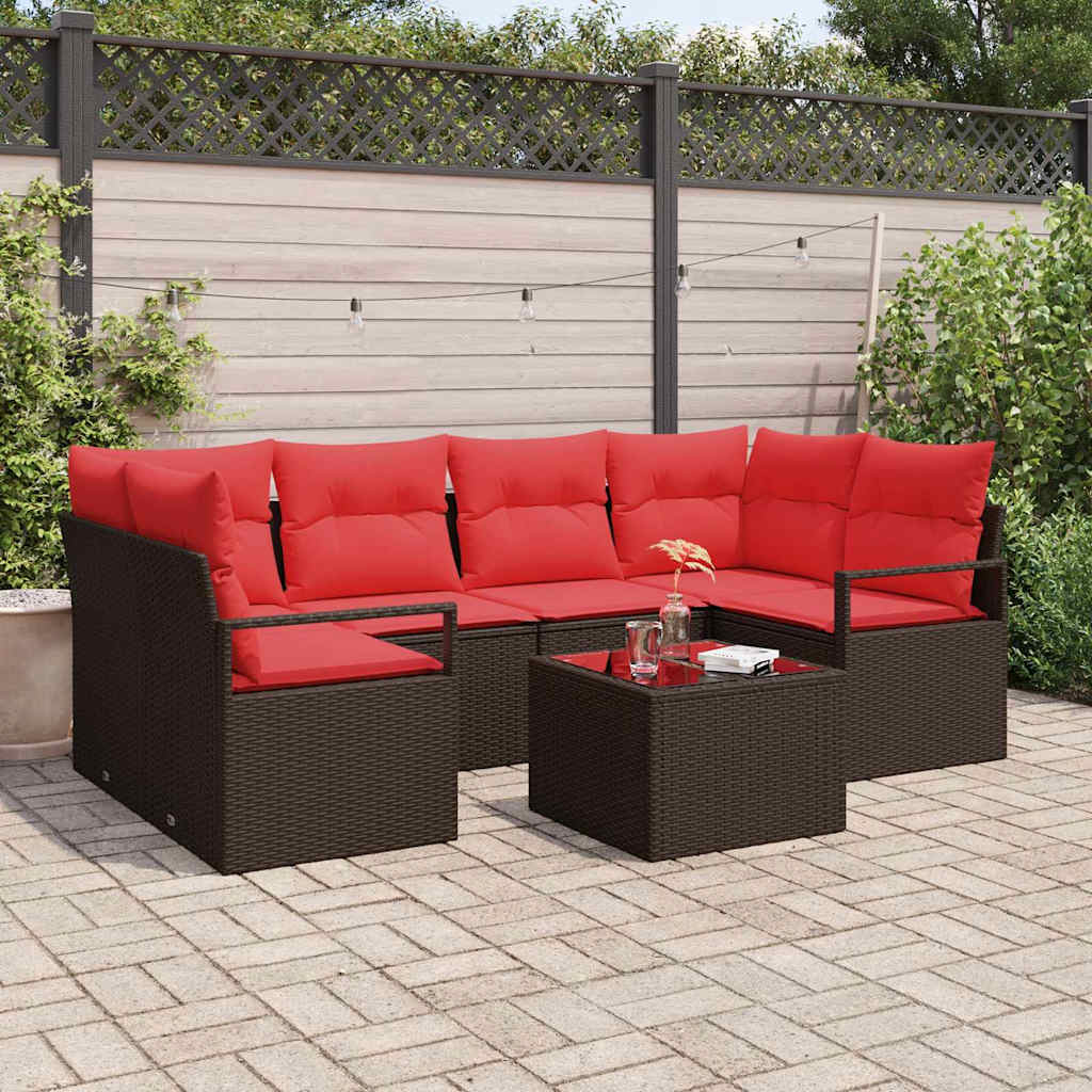 Gartensofa-set mit Kissen 7 pcs Beige und Rot Poly-Rattan