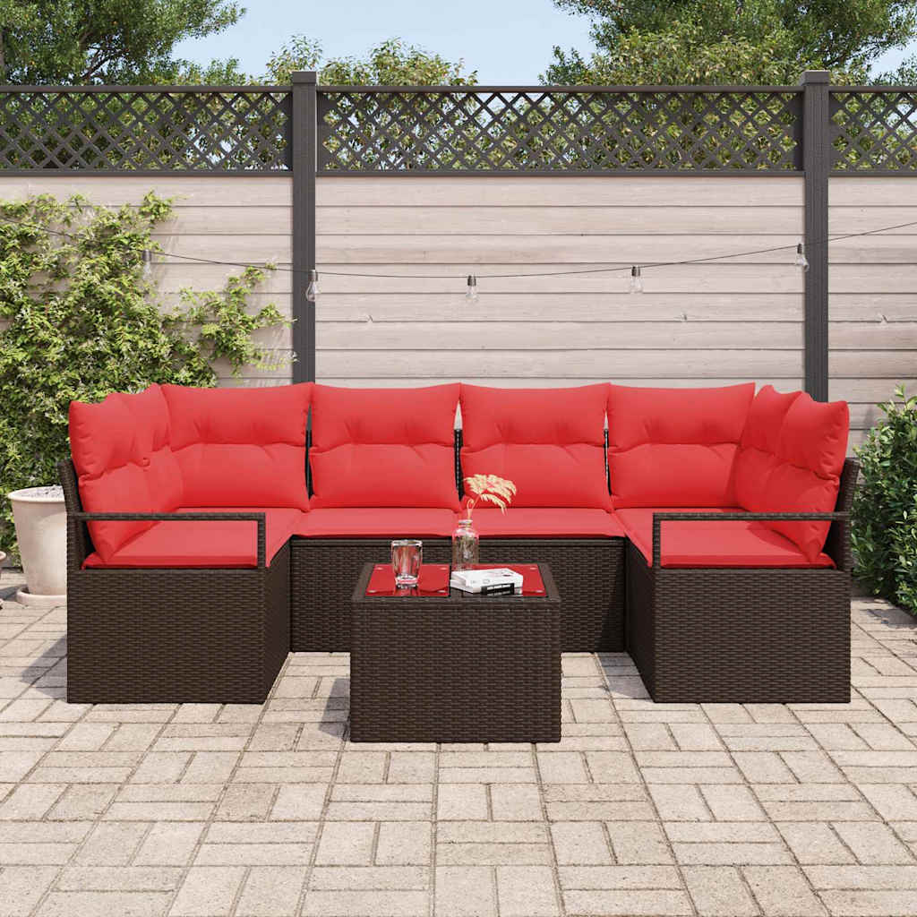 Gartensofa-set mit Kissen 7 pcs Beige und Rot Poly-Rattan