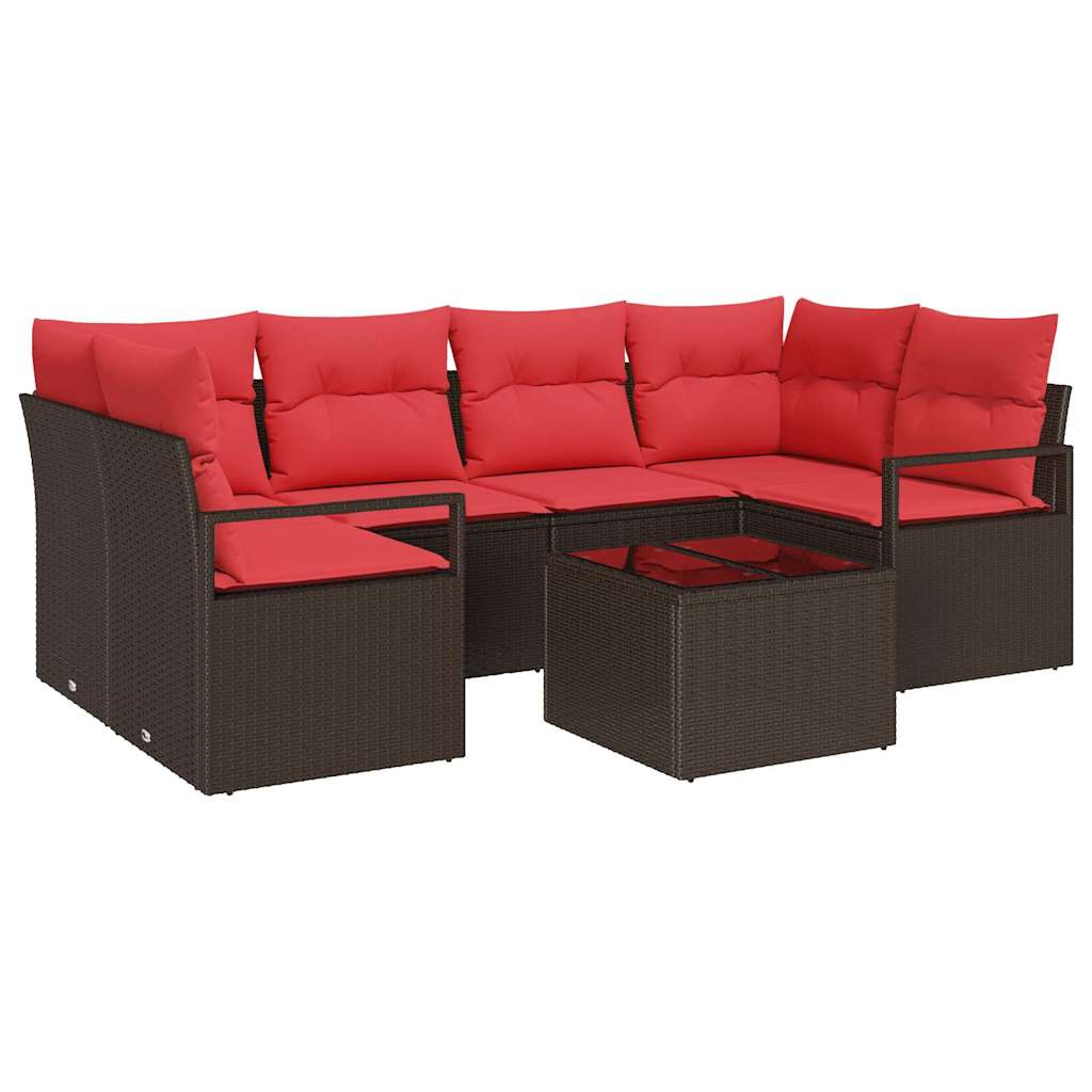 Gartensofa-set mit Kissen 7 pcs Beige und Rot Poly-Rattan