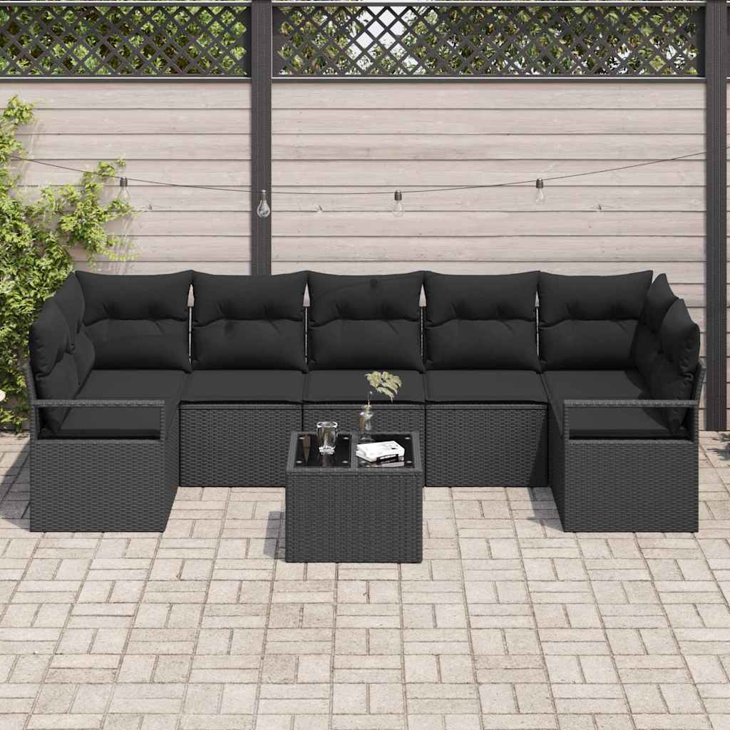 Garten-Sofa-Set 8 pcs Schwarz Poly-Rattan und Stahl und Glas