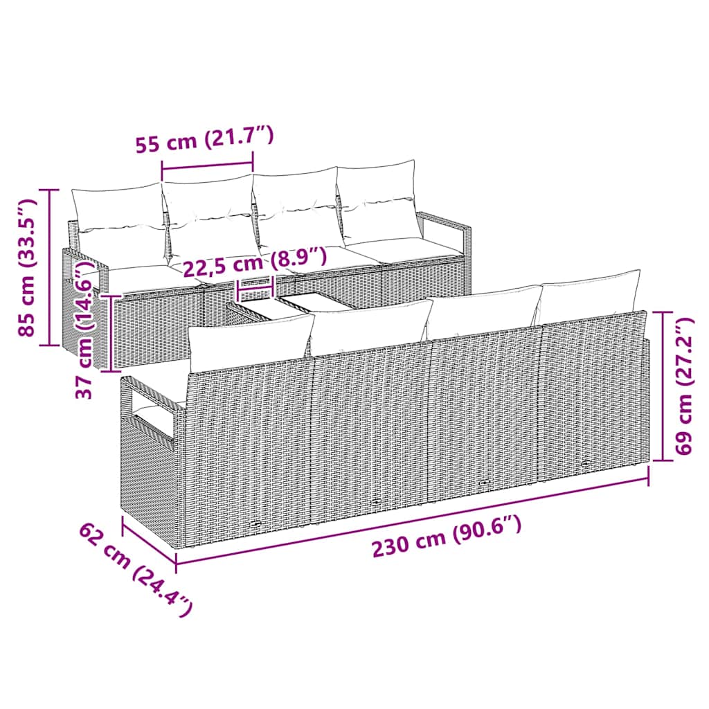 Gartensofa-set 9 pcs Hellgrau und Dunkelgrau Poly-Rattan