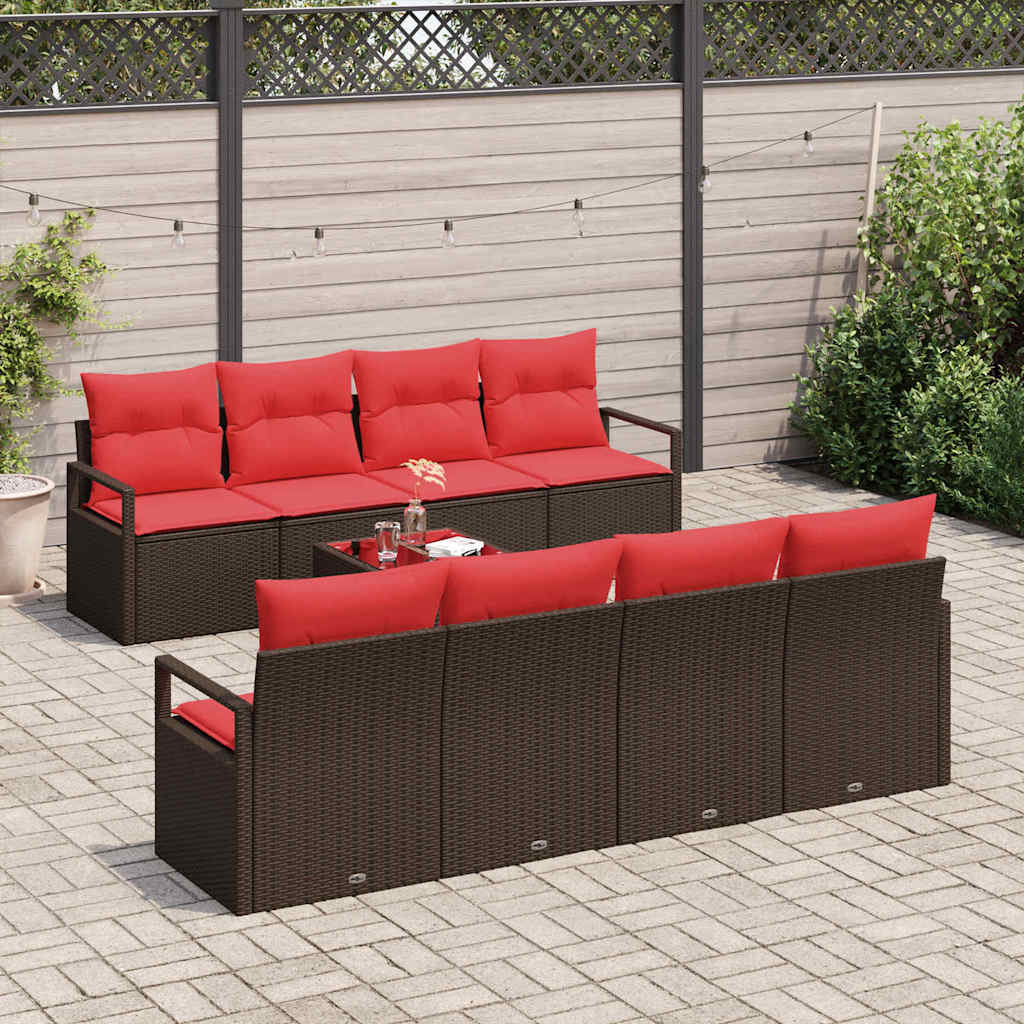 Sofa Set mit Kissen 9 pcs Beige und Rot Poly-Rattan