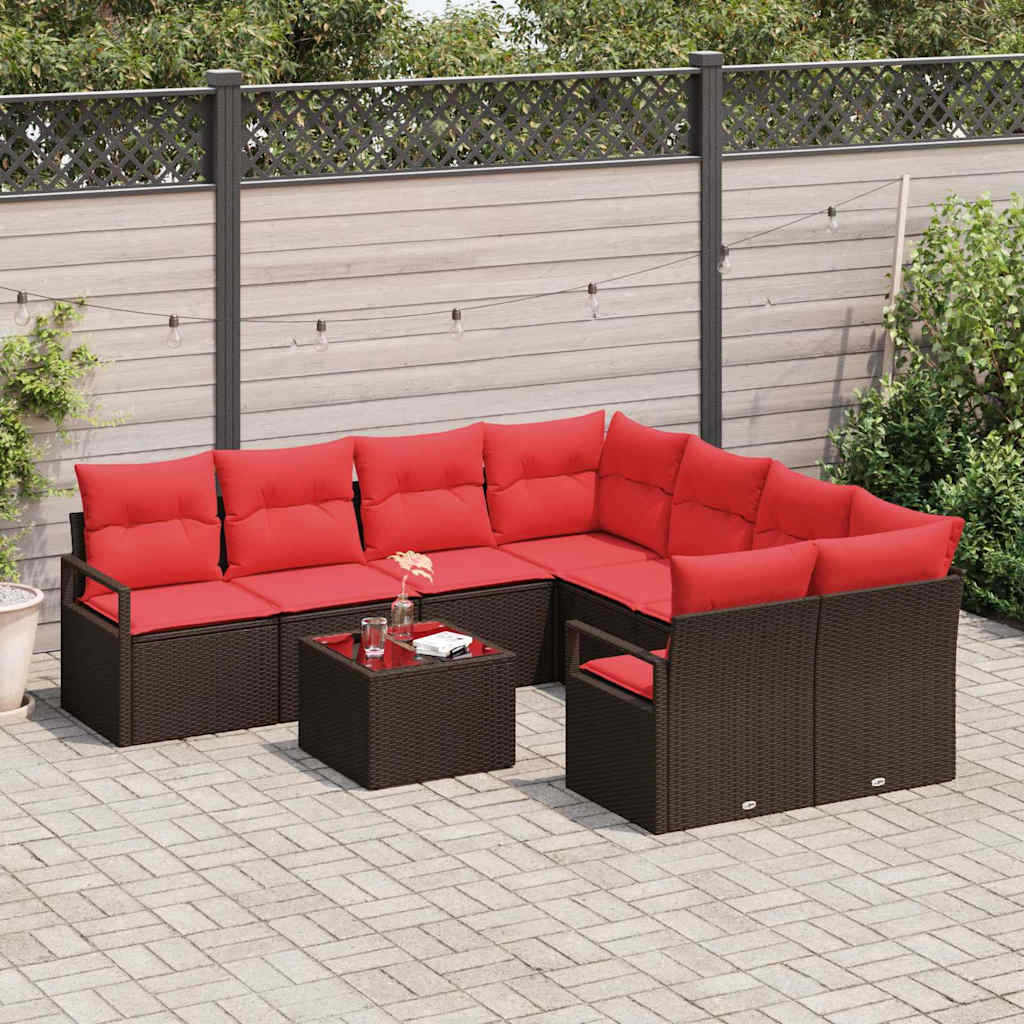 Sofa Set mit Kissen 9 pcs Beige und Rot Poly-Rattan