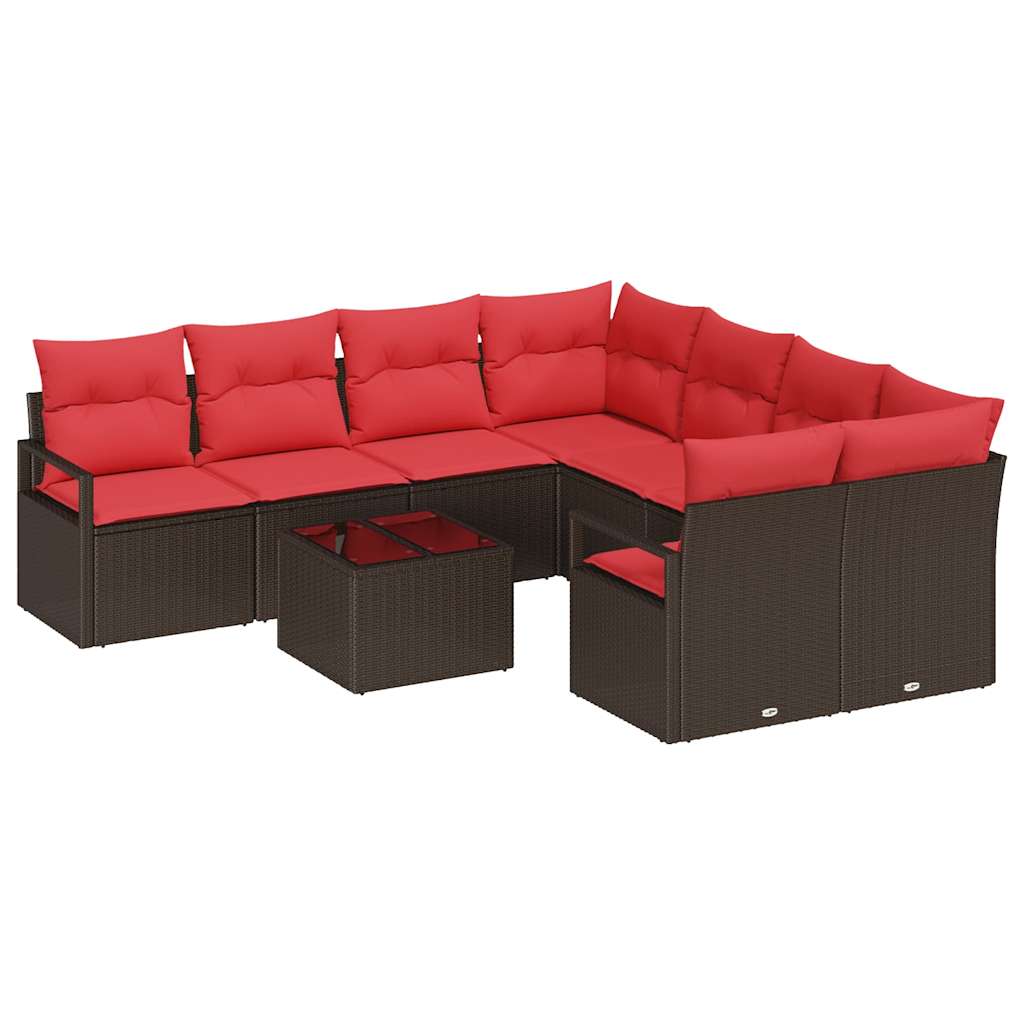 Sofa Set mit Kissen 9 pcs Beige und Rot Poly-Rattan