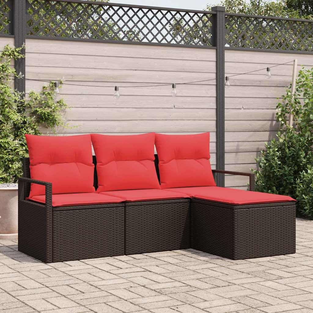 Sofa Set mit Kissen 4 pcs Braun und Rot Poly-Rattan