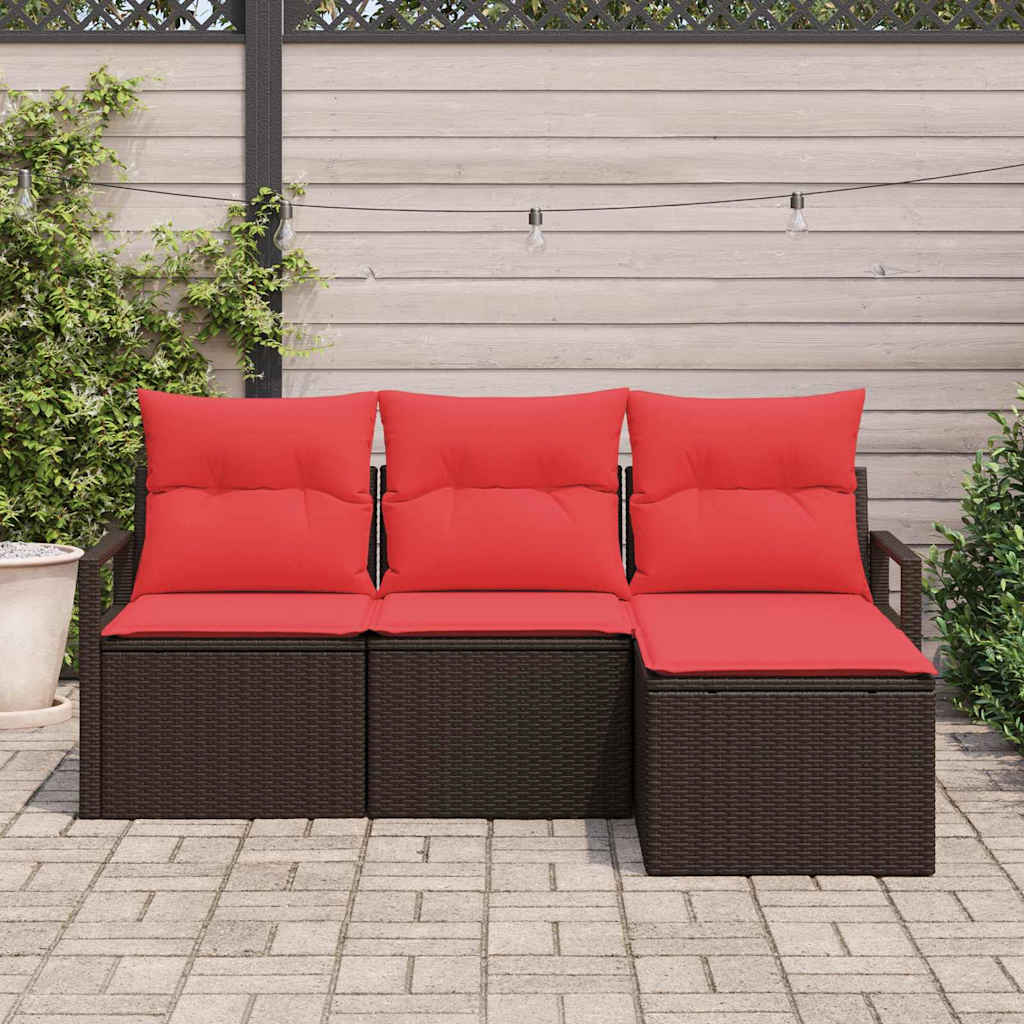 Sofa Set mit Kissen 4 pcs Braun und Rot Poly-Rattan