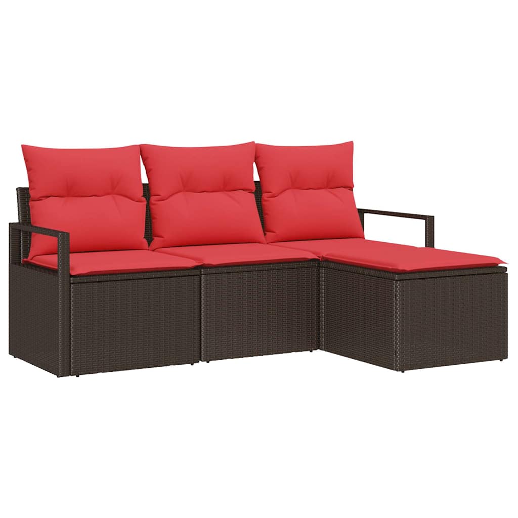 Sofa Set mit Kissen 4 pcs Braun und Rot Poly-Rattan