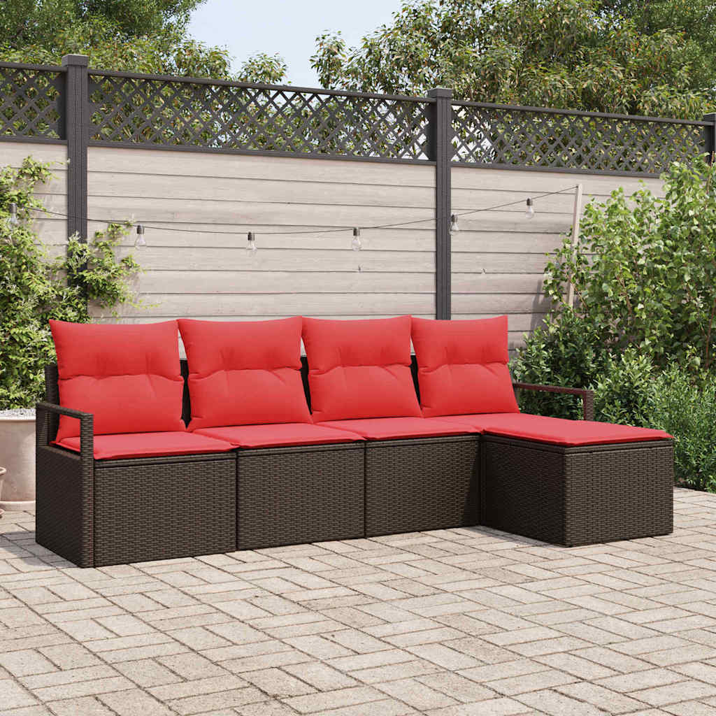 Sofa Set mit Kissen 5 pcs Braun und Rot Poly-Rattan