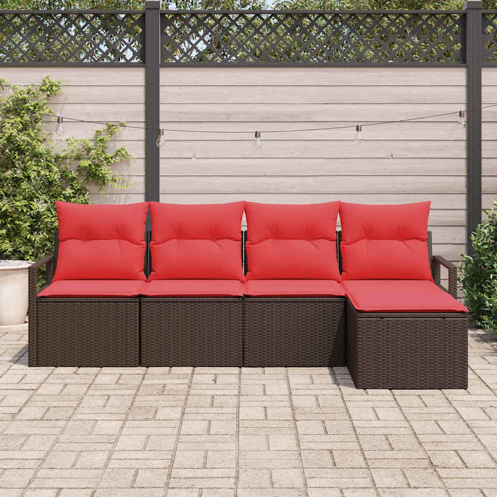 Sofa Set mit Kissen 5 pcs Braun und Rot Poly-Rattan