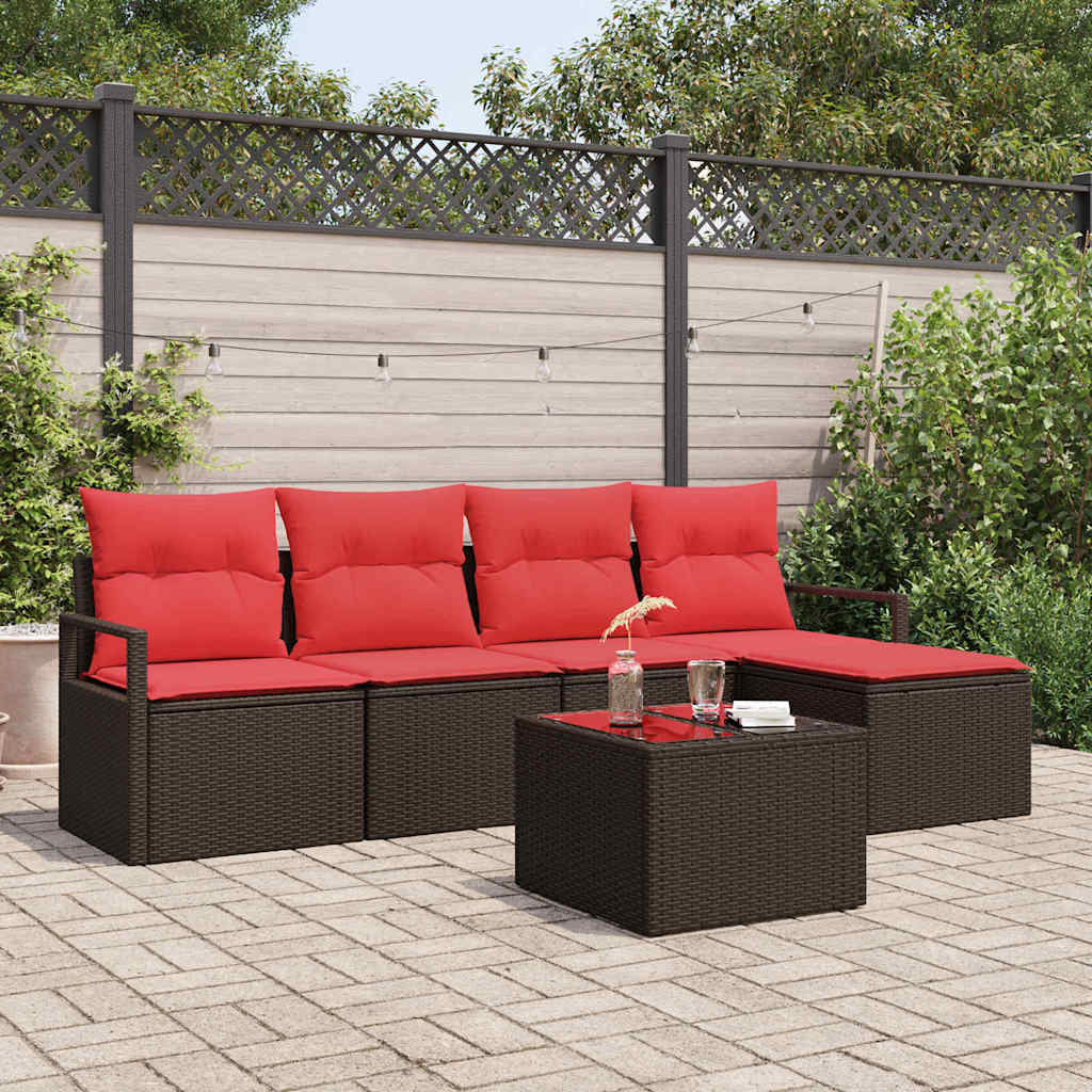 Sofa Set mit Kissen 6 pcs Braun und Rot Poly-Rattan