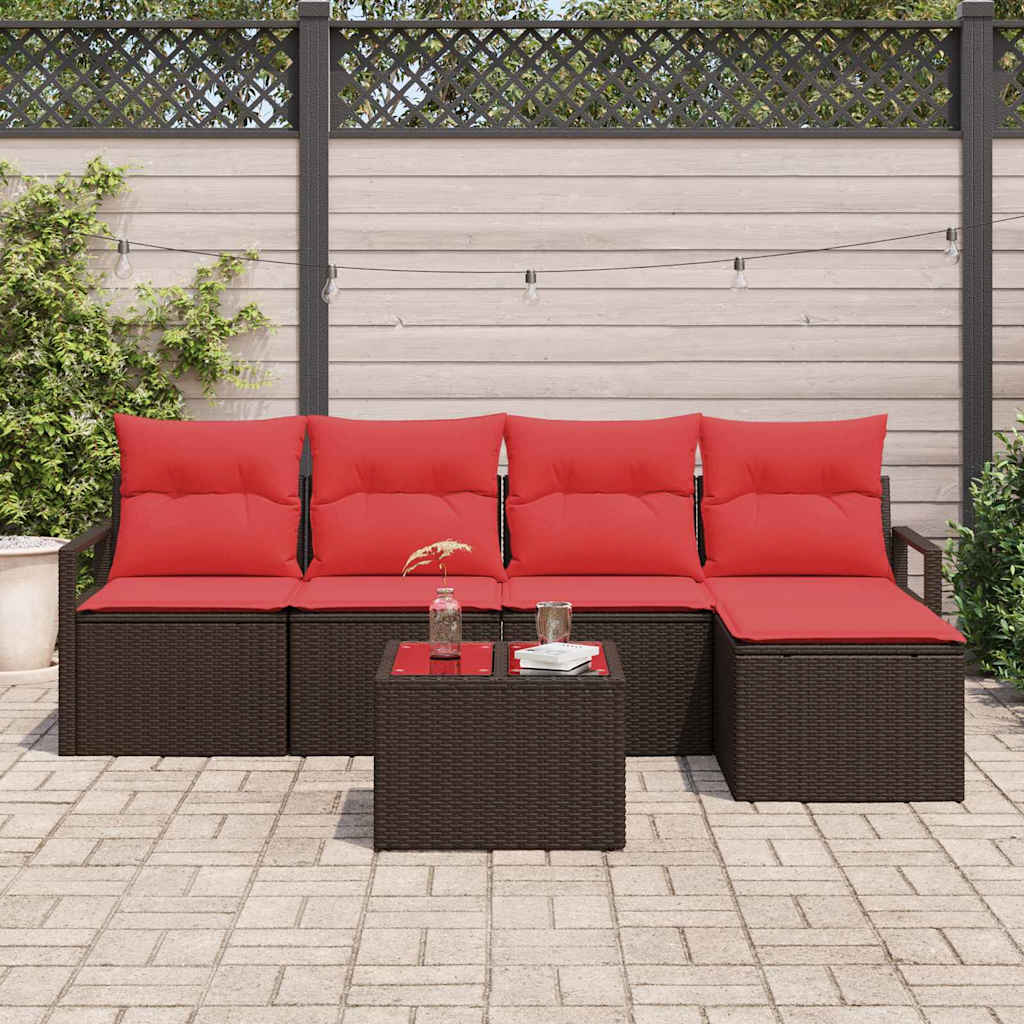 Sofa Set mit Kissen 6 pcs Braun und Rot Poly-Rattan