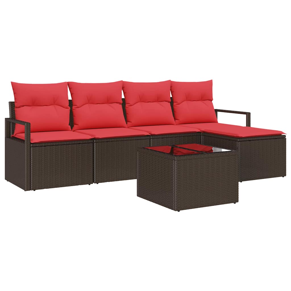 Sofa Set mit Kissen 6 pcs Braun und Rot Poly-Rattan