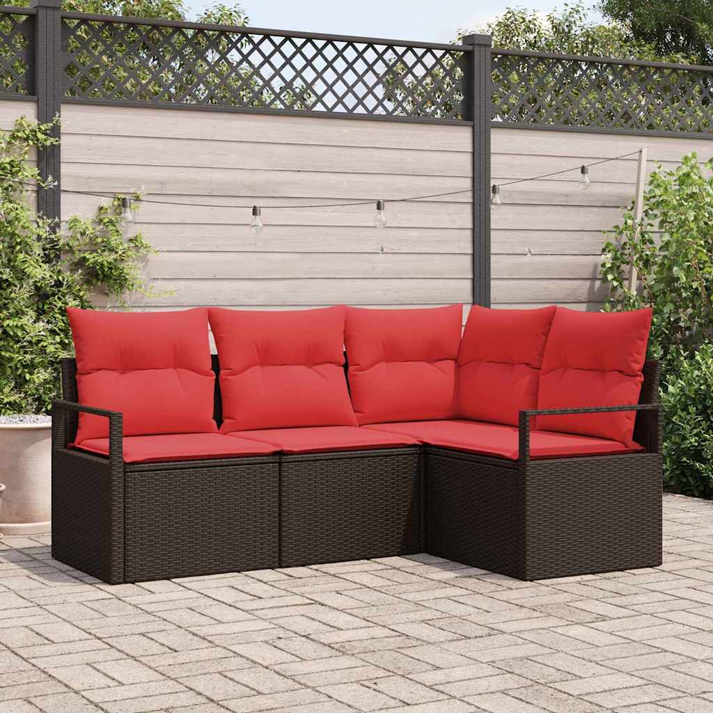 Gartensofa-set mit Kissen 4 pcs Braun und Rot Poly-Rattan