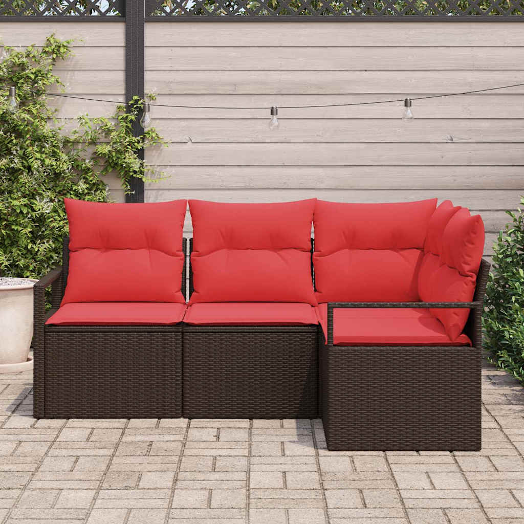 Gartensofa-set mit Kissen 4 pcs Braun und Rot Poly-Rattan