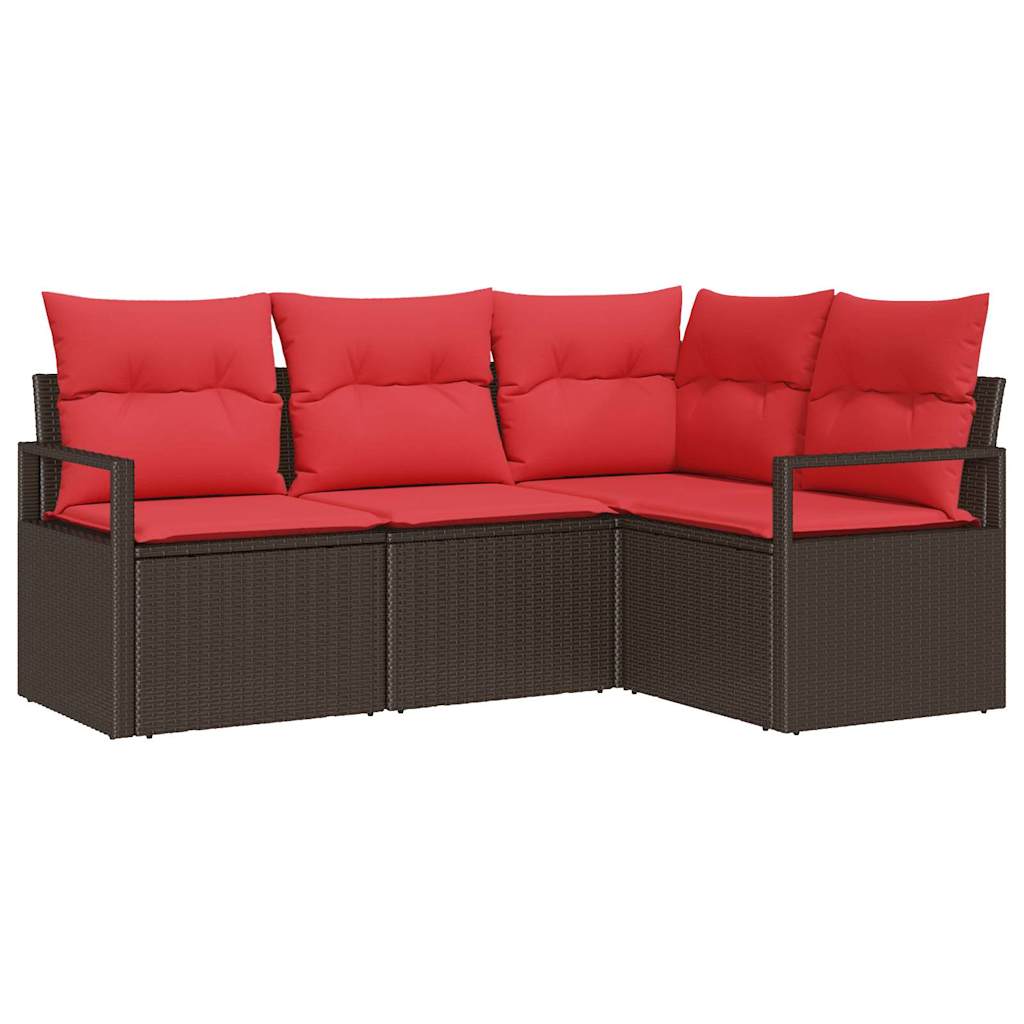 Gartensofa-set mit Kissen 4 pcs Braun und Rot Poly-Rattan