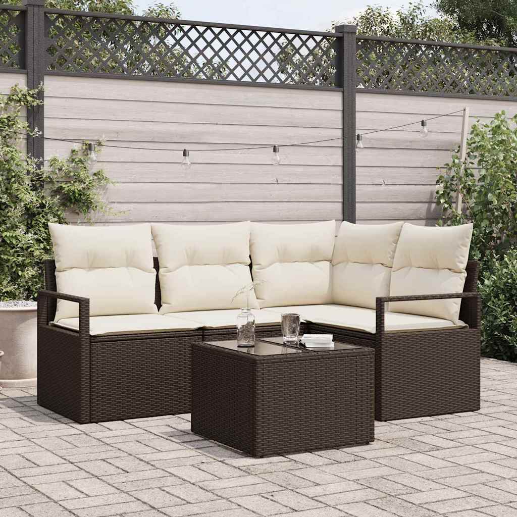 Sofa Set mit Kissen 5 pcs Braun und Creme Poly-Rattan