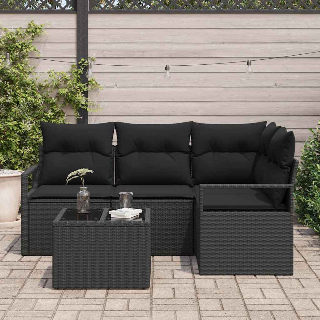 Sofa Set mit Kissen mit Speicher 5 pcs Schwarz Poly-Rattan