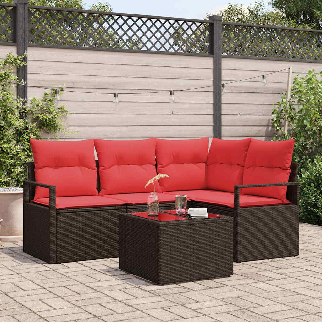 Gartensofa-set mit Kissen 5 pcs Braun und Rot Poly-Rattan