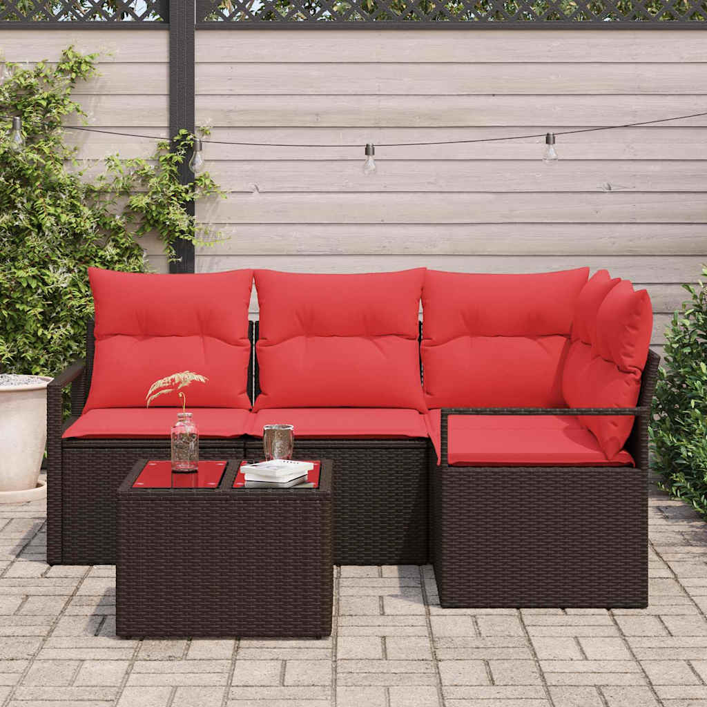 Gartensofa-set mit Kissen 5 pcs Braun und Rot Poly-Rattan