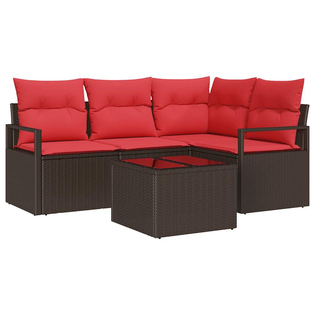 Gartensofa-set mit Kissen 5 pcs Braun und Rot Poly-Rattan