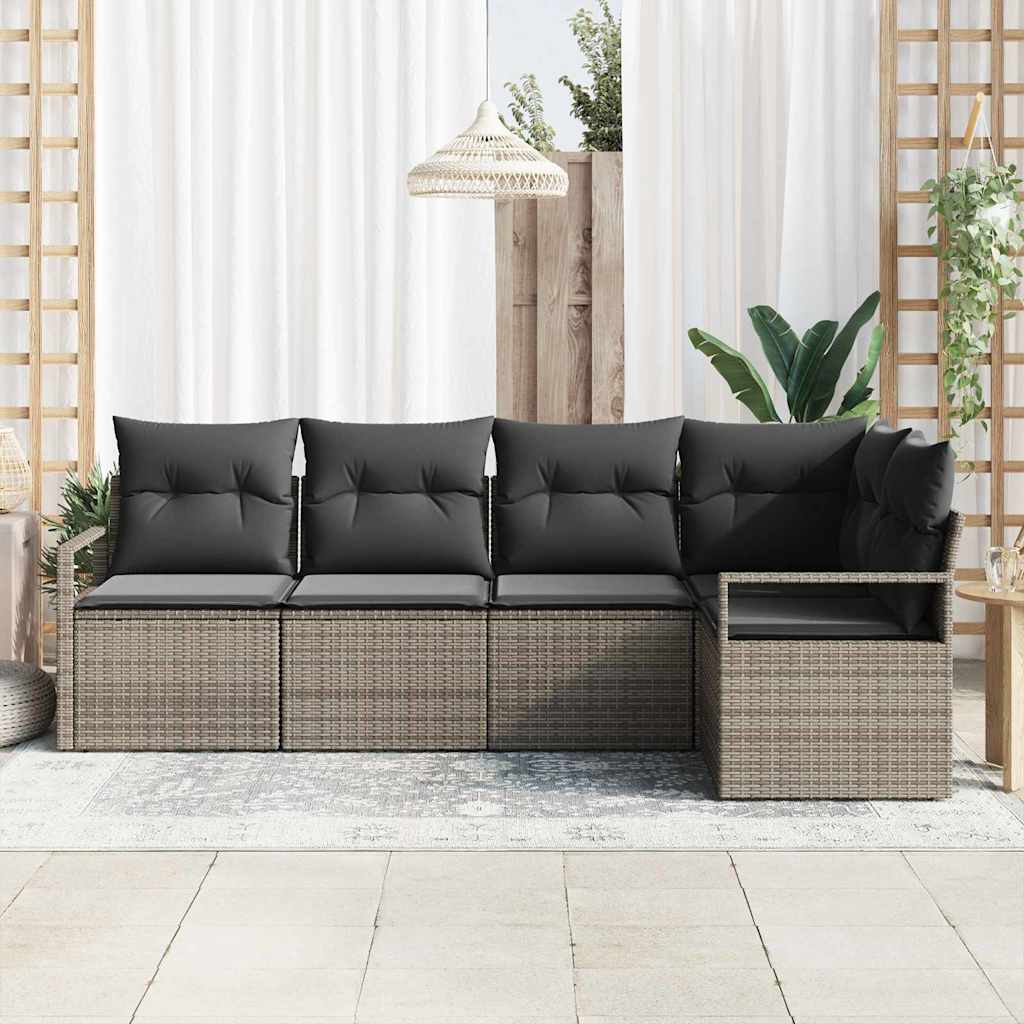Gartensofa-set mit Kissen mit Speicher 5 pcs Grau Poly-Rattan