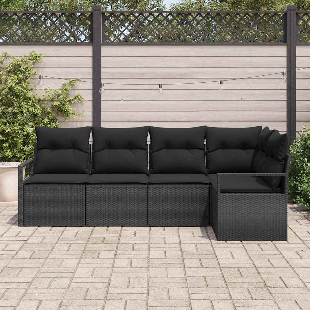 Gartensofa-set mit Kissen 5 pcs Schwarz Poly-Rattan