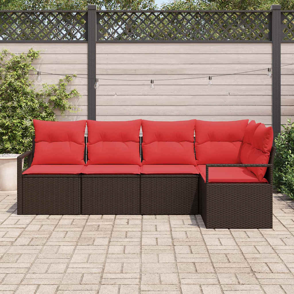Gartensofa-set mit Kissen 5 pcs Braun und Rot Poly-Rattan