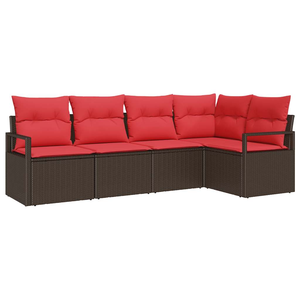Gartensofa-set mit Kissen 5 pcs Braun und Rot Poly-Rattan