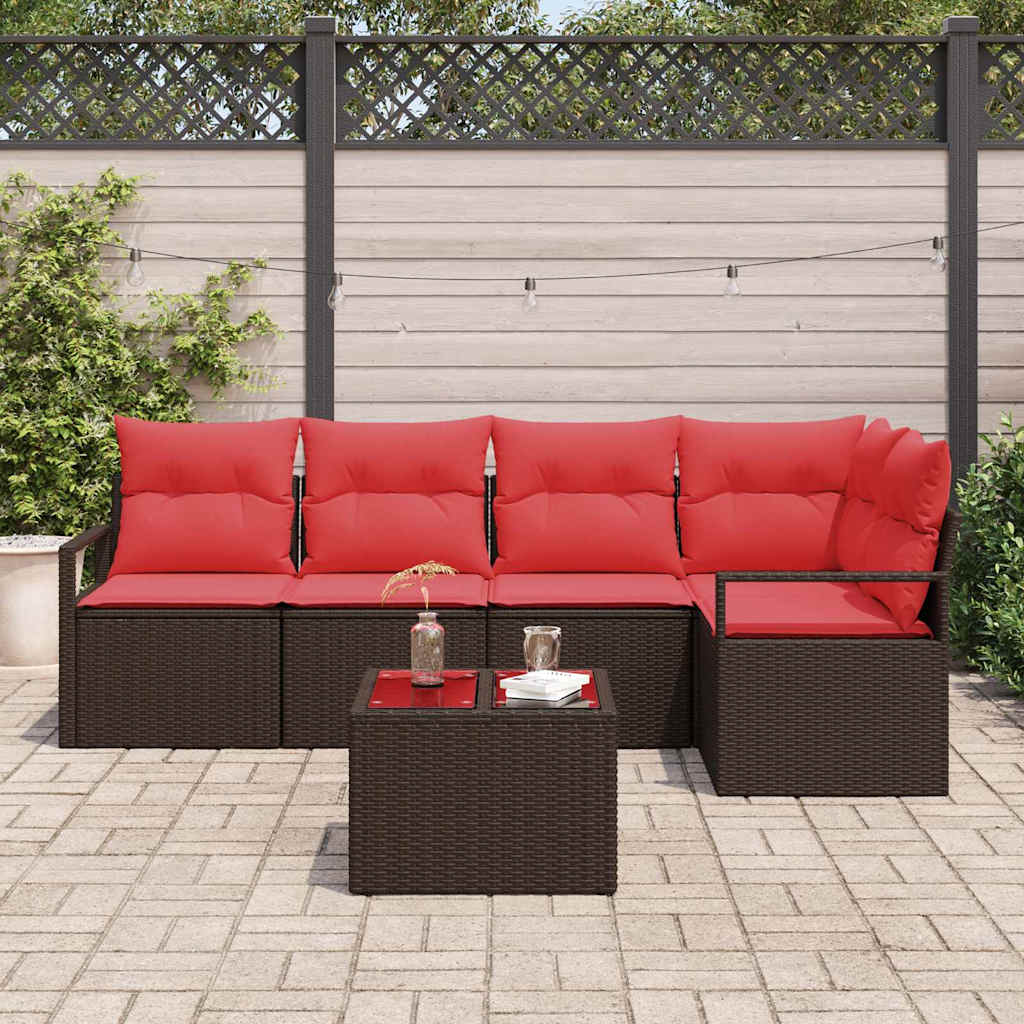 Gartensofa-set mit Kissen 6 pcs Braun und Rot Poly-Rattan