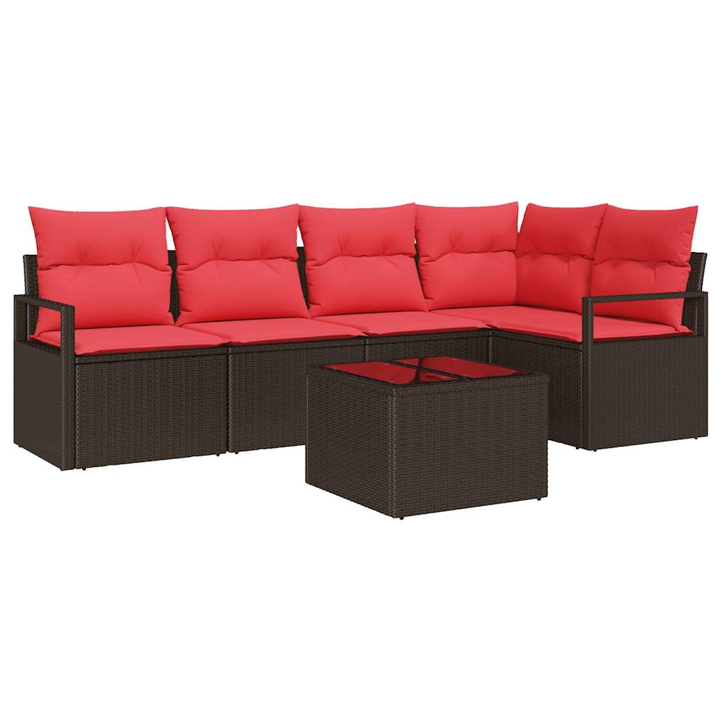 Gartensofa-set mit Kissen 6 pcs Braun und Rot Poly-Rattan