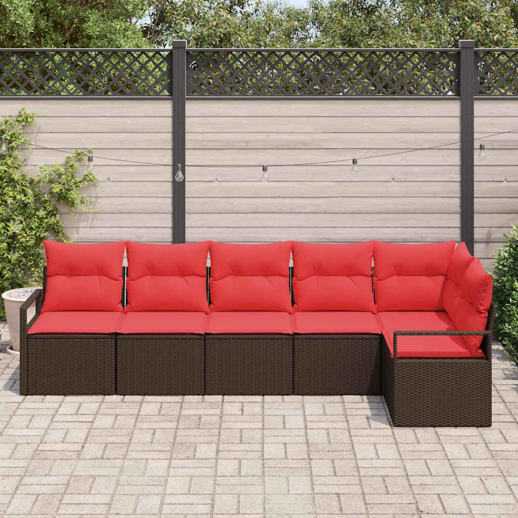 Gartensofa-set mit Kissen 6 pcs Braun und Rot Poly-Rattan