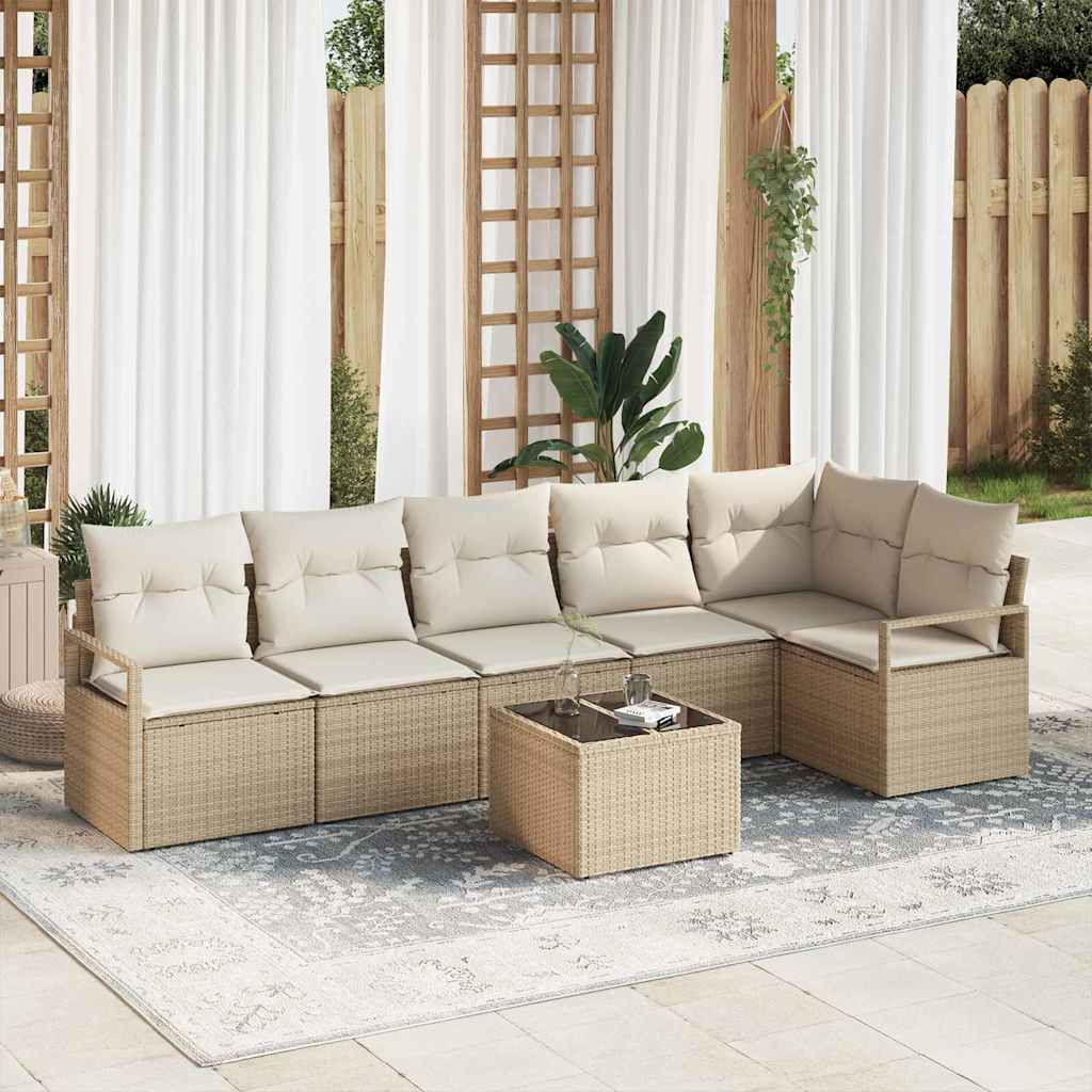 Gartensofa-set mit Kissen 7 pcs Beige und Creme Poly-Rattan