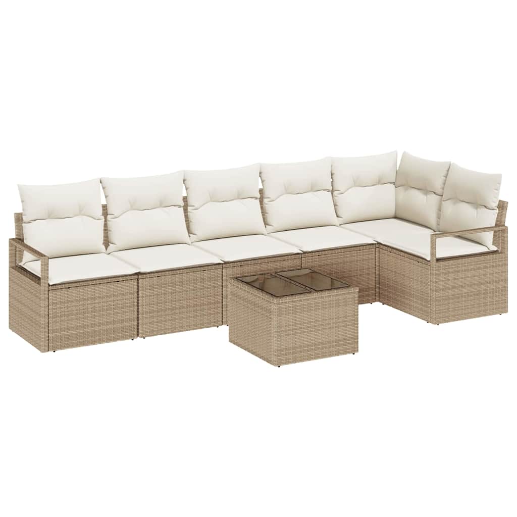Gartensofa-set mit Kissen 7 pcs Beige und Creme Poly-Rattan