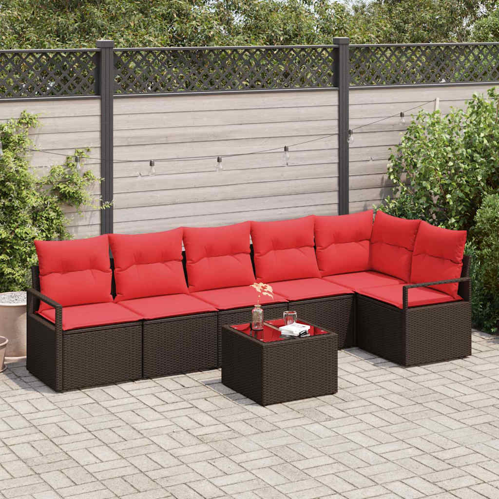 Gartensofa-set mit Kissen 7 pcs Braun und Rot Poly-Rattan