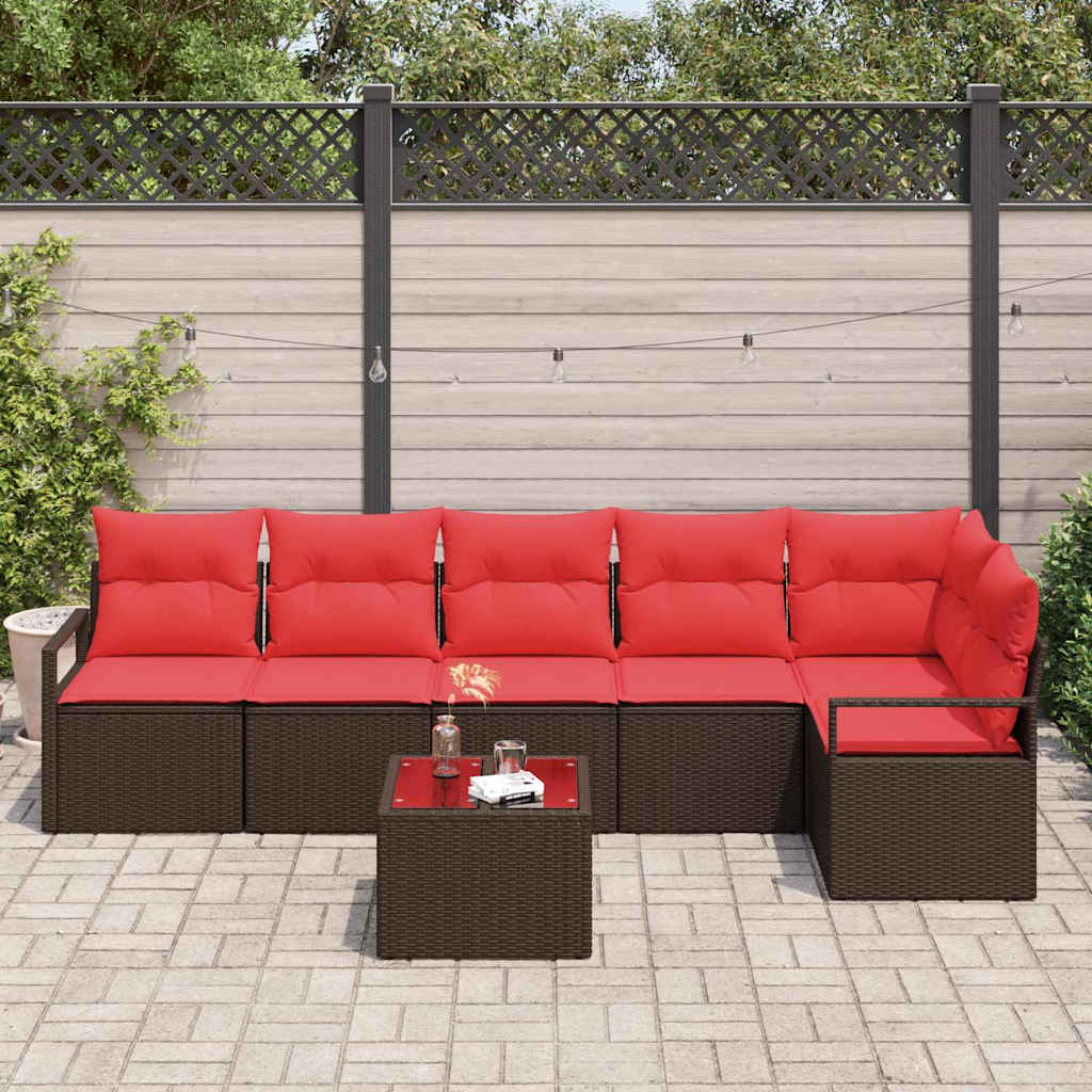Gartensofa-set mit Kissen 7 pcs Braun und Rot Poly-Rattan