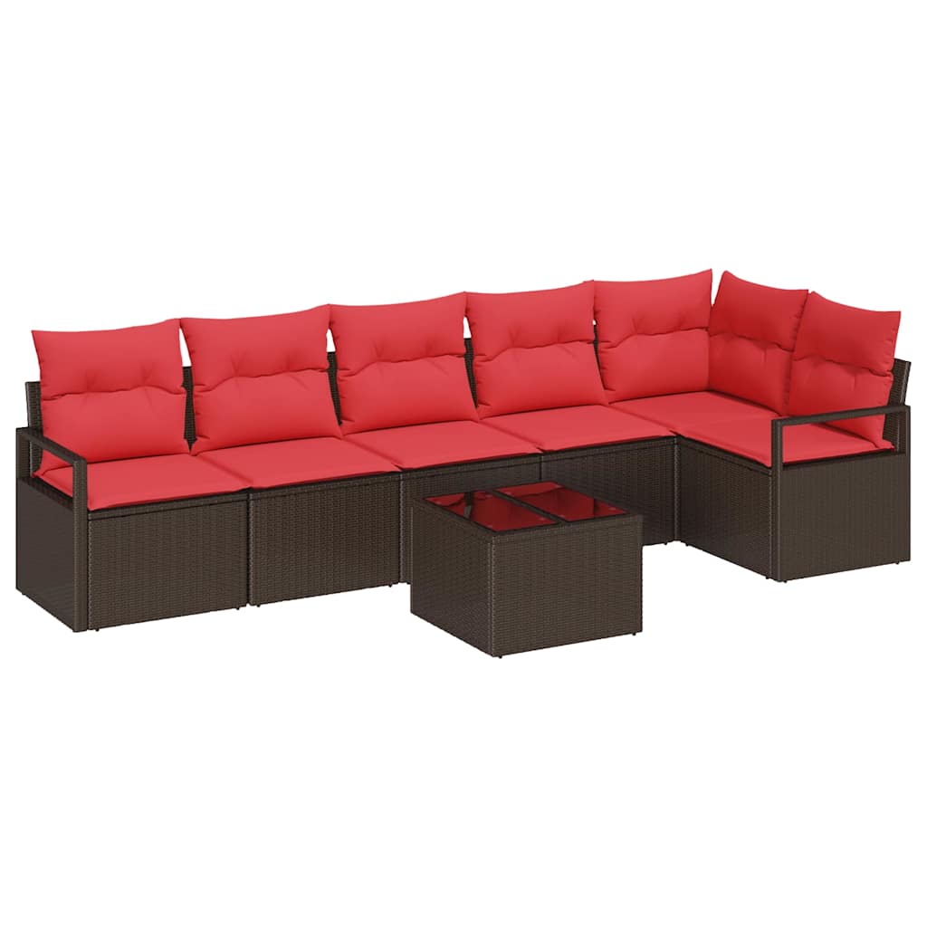 Gartensofa-set mit Kissen 7 pcs Braun und Rot Poly-Rattan