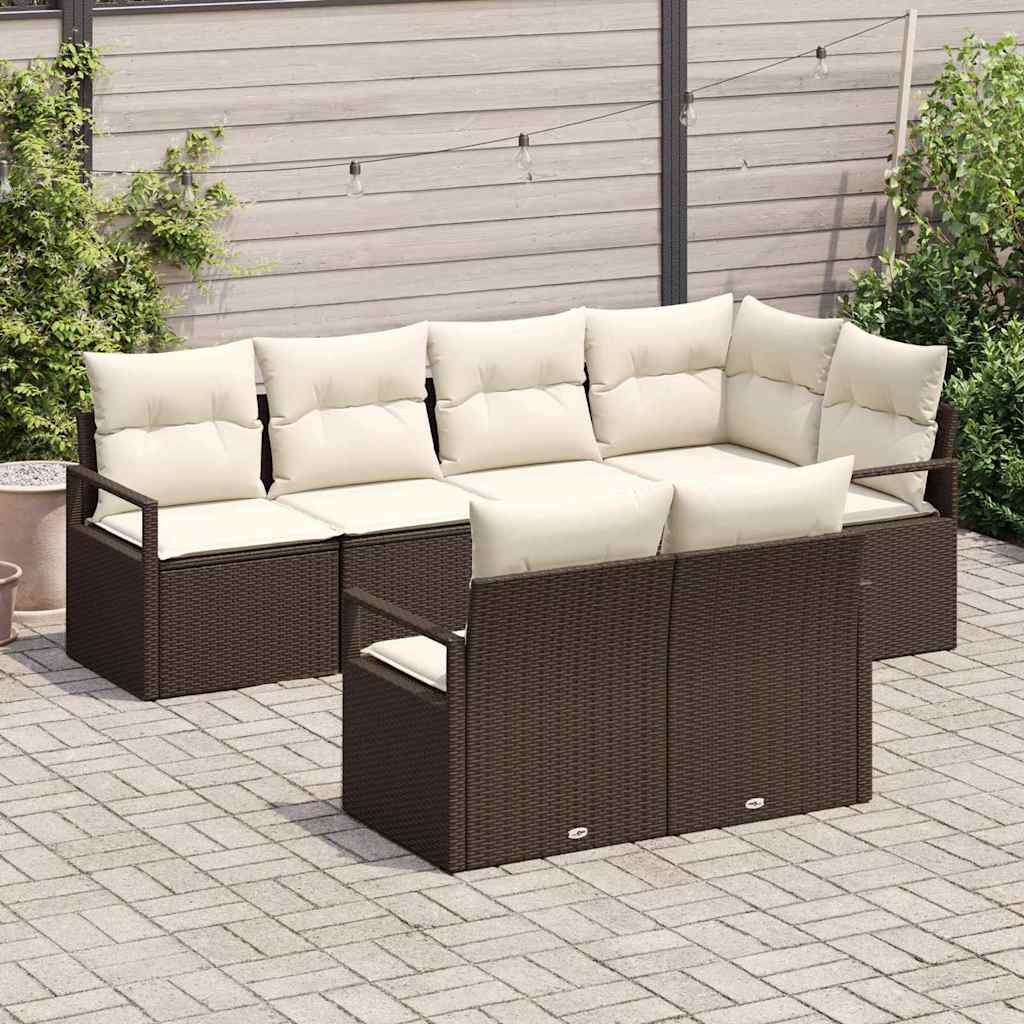 Gartensofa-set mit Kissen 7 pcs Braun und Weiß Poly-Rattan