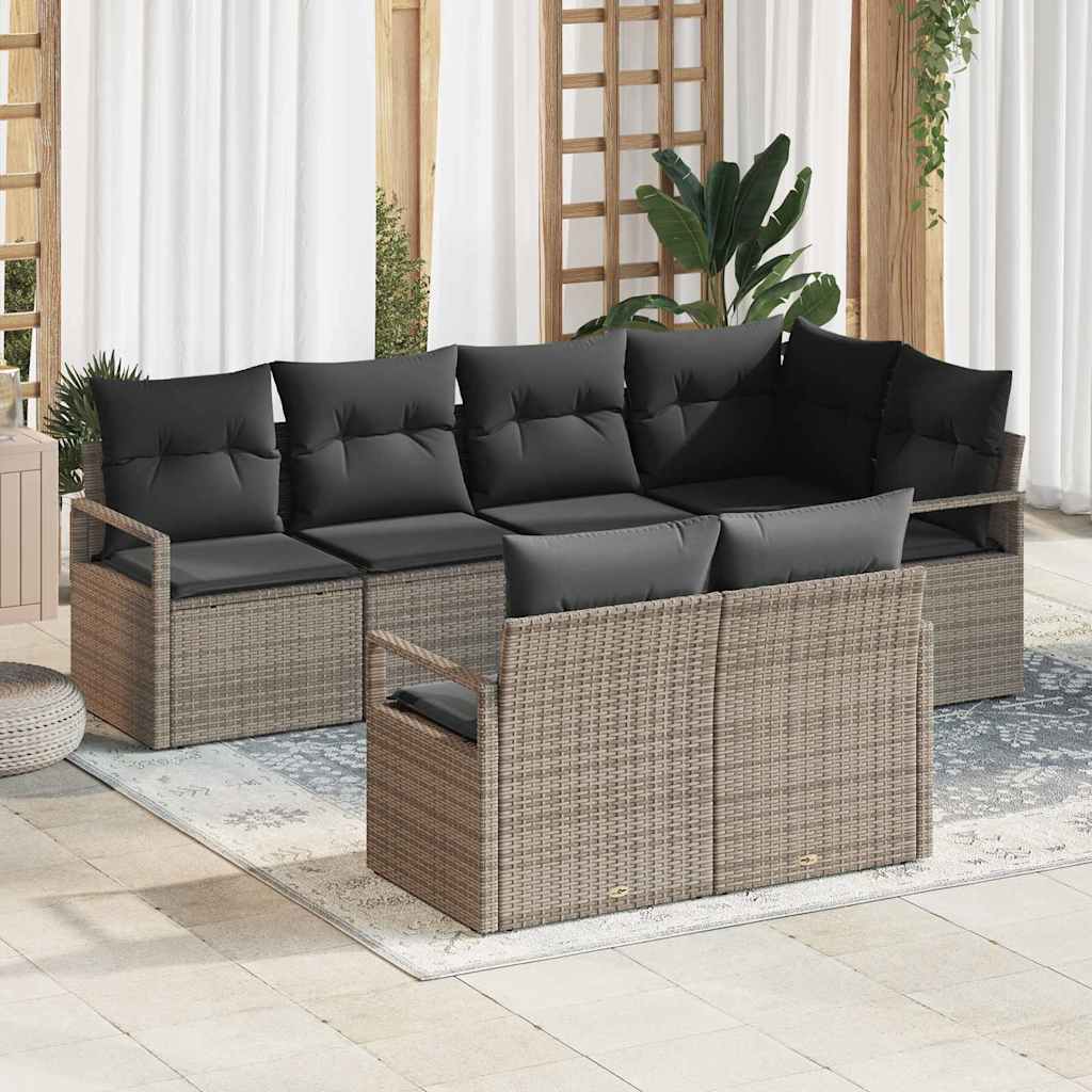Gartensofa-set mit Kissen mit Speicher 7 pcs Grau Poly-Rattan